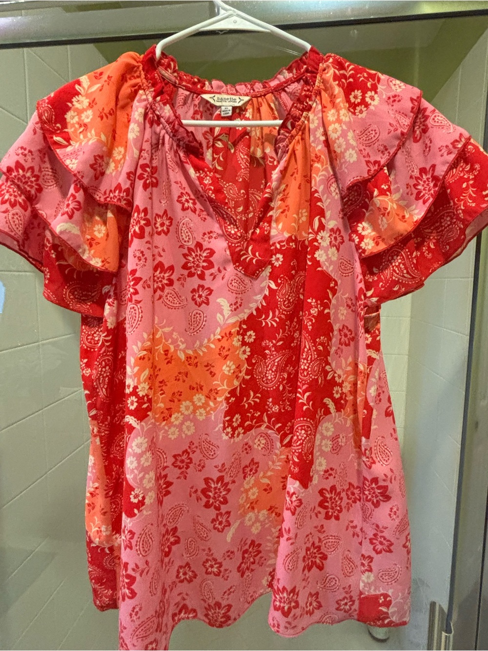 Nanette Lepore Pink & Red Floral Patchwork Flutter-Sleeve Top